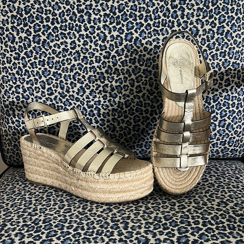 NWOT Tory Burch Fisherman Leather Espadrille Wedge Sandals size 7.5